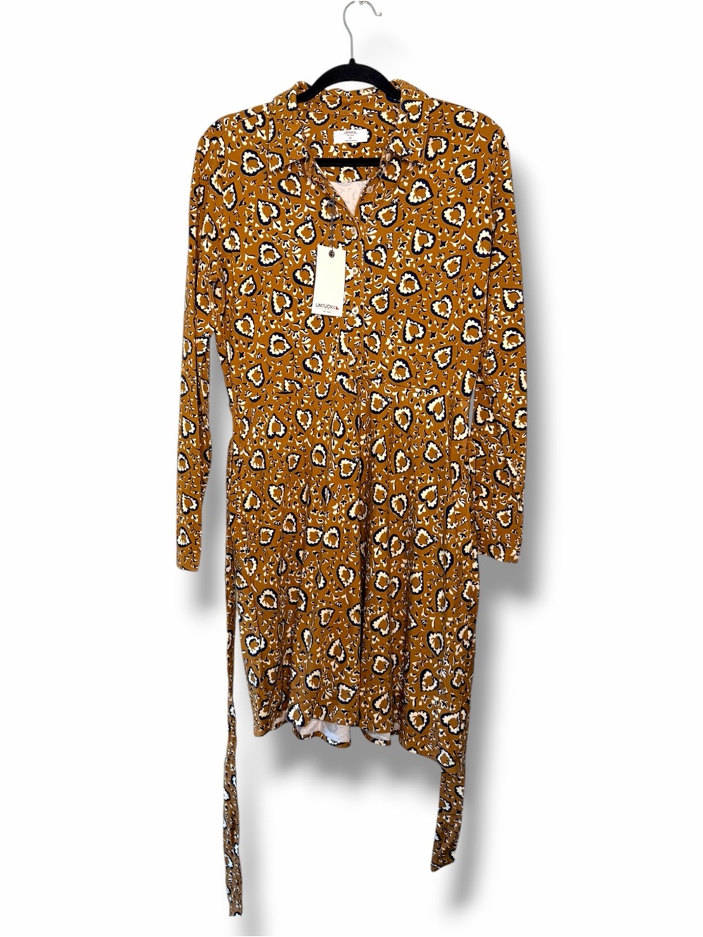 NWT Untuckit Tan Printed Romy Jersey Shirt Mini Dress with Tie Waist Size Medium - Picture 3 of 13